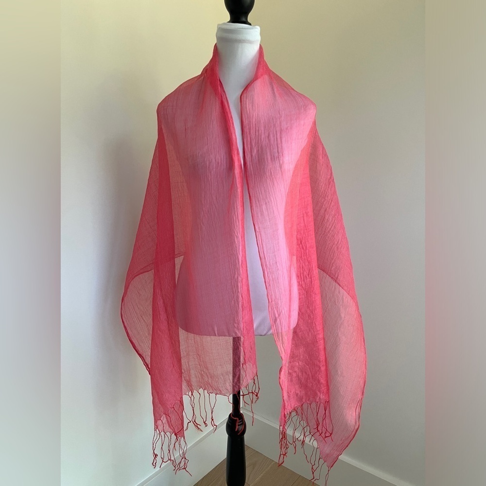 SHAWL Scarf Pink Oversize Lightweight Sheer Crinkle Fringe Ends Summer Party
